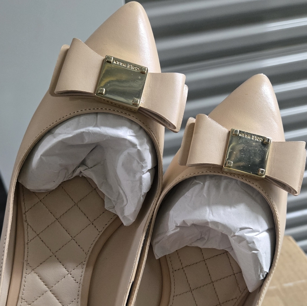 Cole Haan Nude Leather Bow Flats with Gold Accents